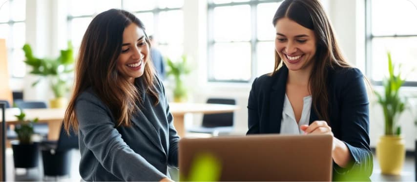 Two colleagues reviewing the company recognition feed together
