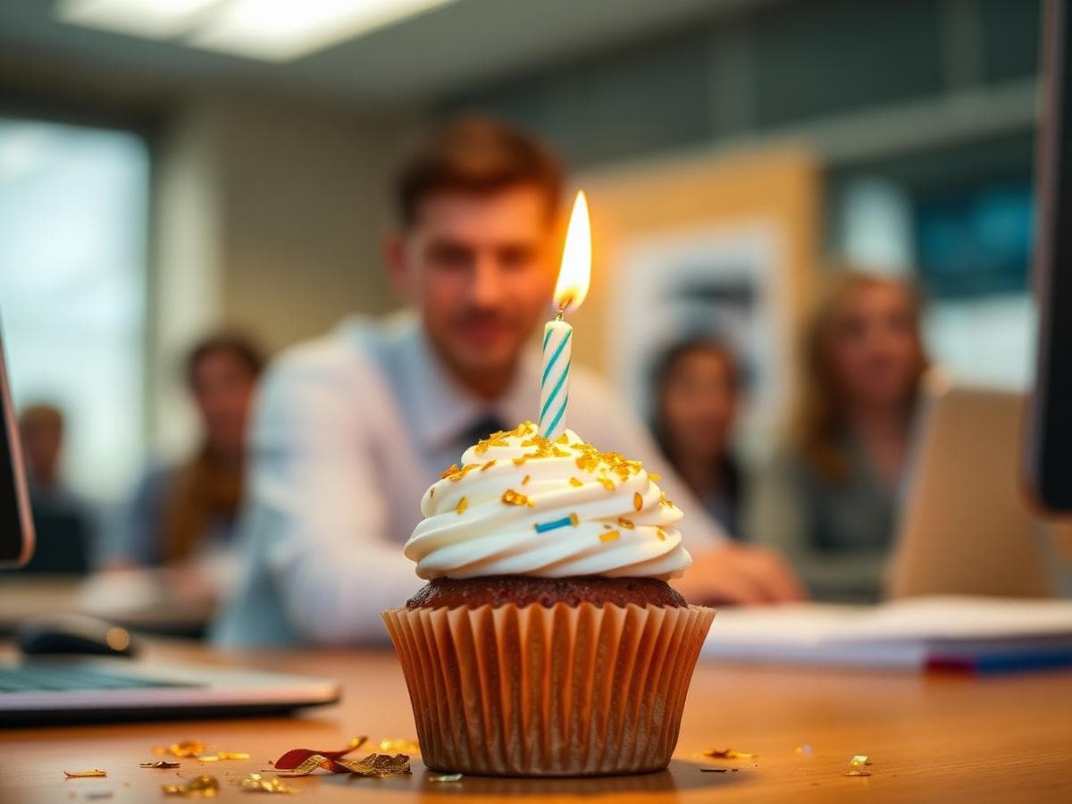 Birthday cupcake with a candle and gold confetti on a desk