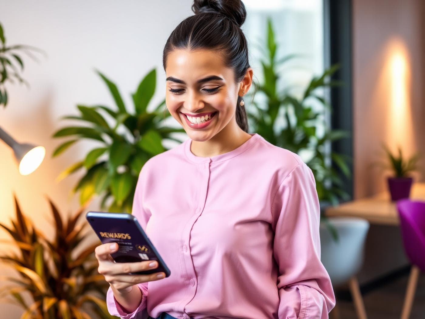 Employee smiling at the KudoHub rewards app on a phone