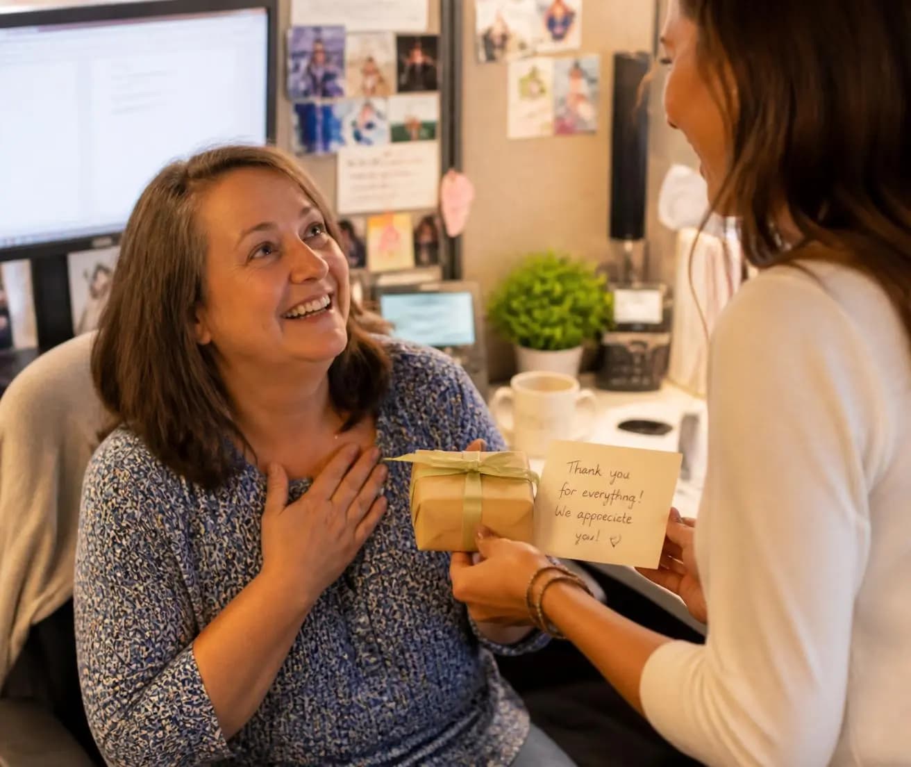 Coworker receiving a thank-you gift