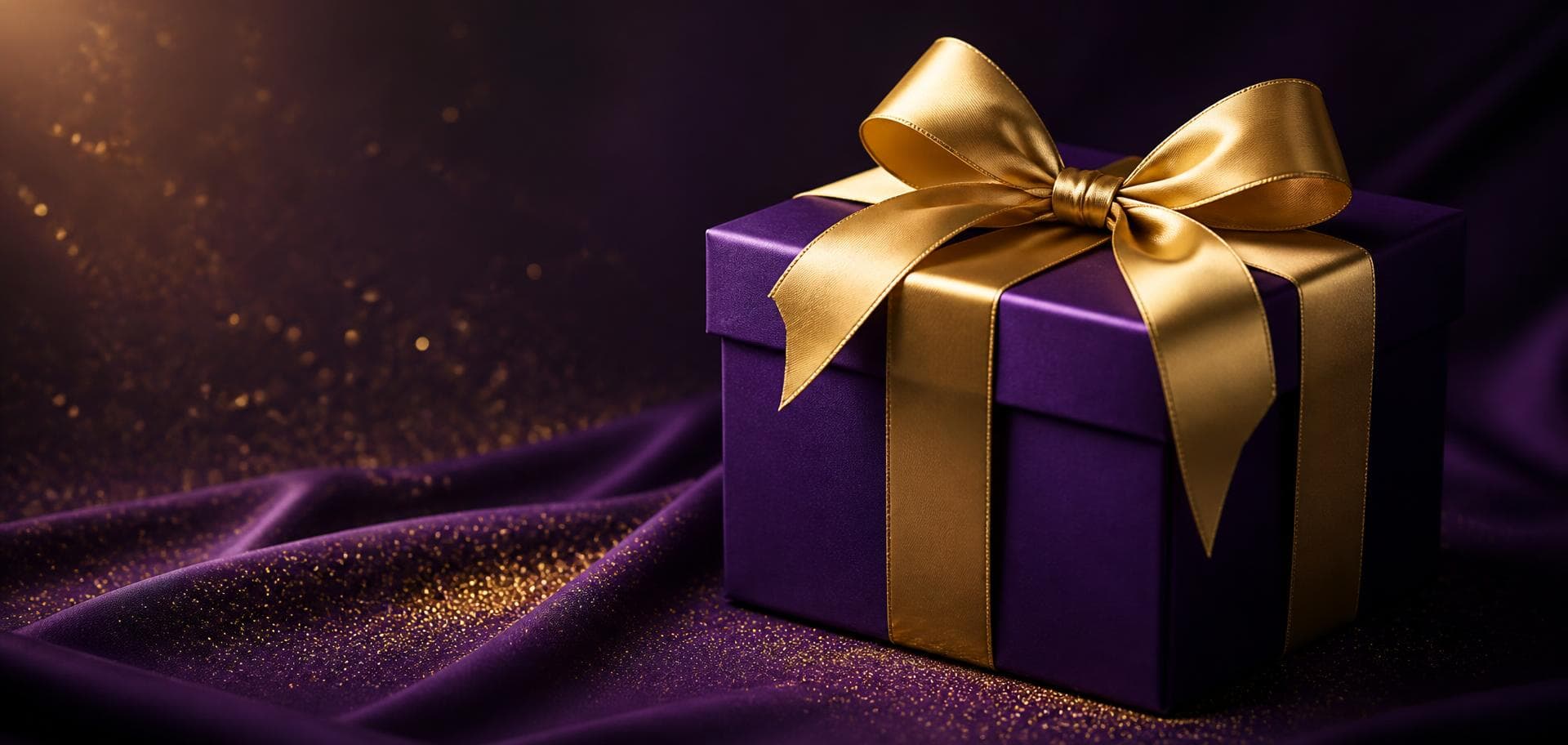 Deep purple gift box wrapped in a gold satin ribbon