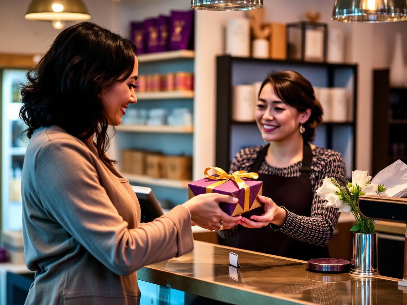 Shop owner handing a gold-ribboned gift to a customer at a boutique counter